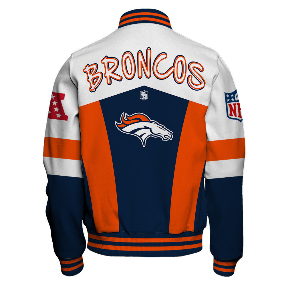 Denver Broncos Unique Double-Striped Cuff, Retro Style Varsity Jacket