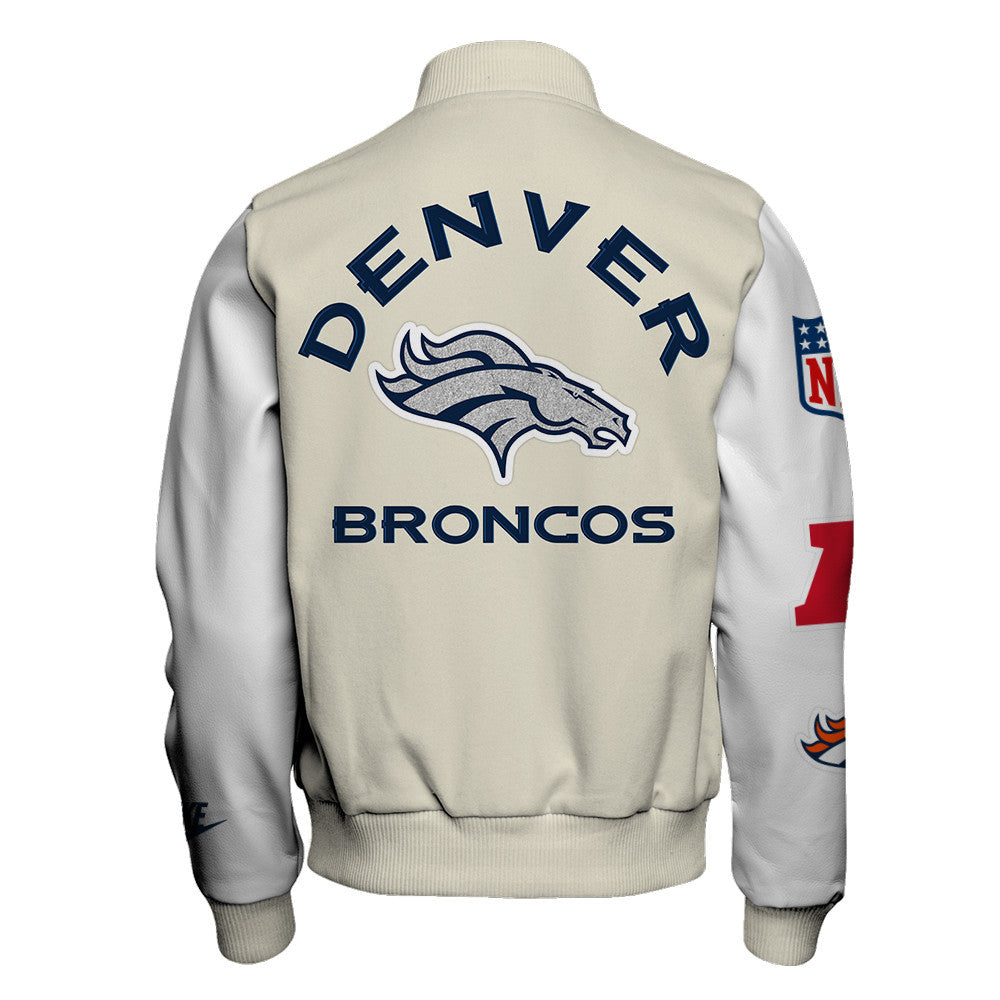 Denver Broncos Cream Color Block & Contrasting White Sleeves Varsity Jacket