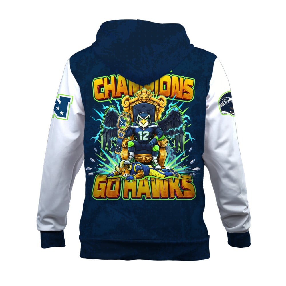 Seattle Seahawks 2025 NFC Champions Mascot Style 3D Zip Hoodie