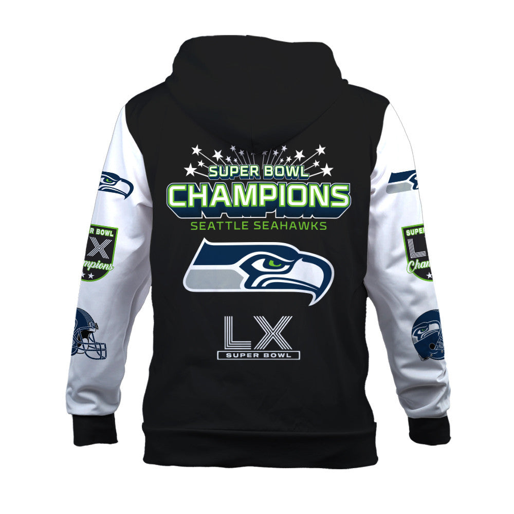 Seattle Seahawks Super Bowl LX Champions Wordmark 3D Zip Hoodie