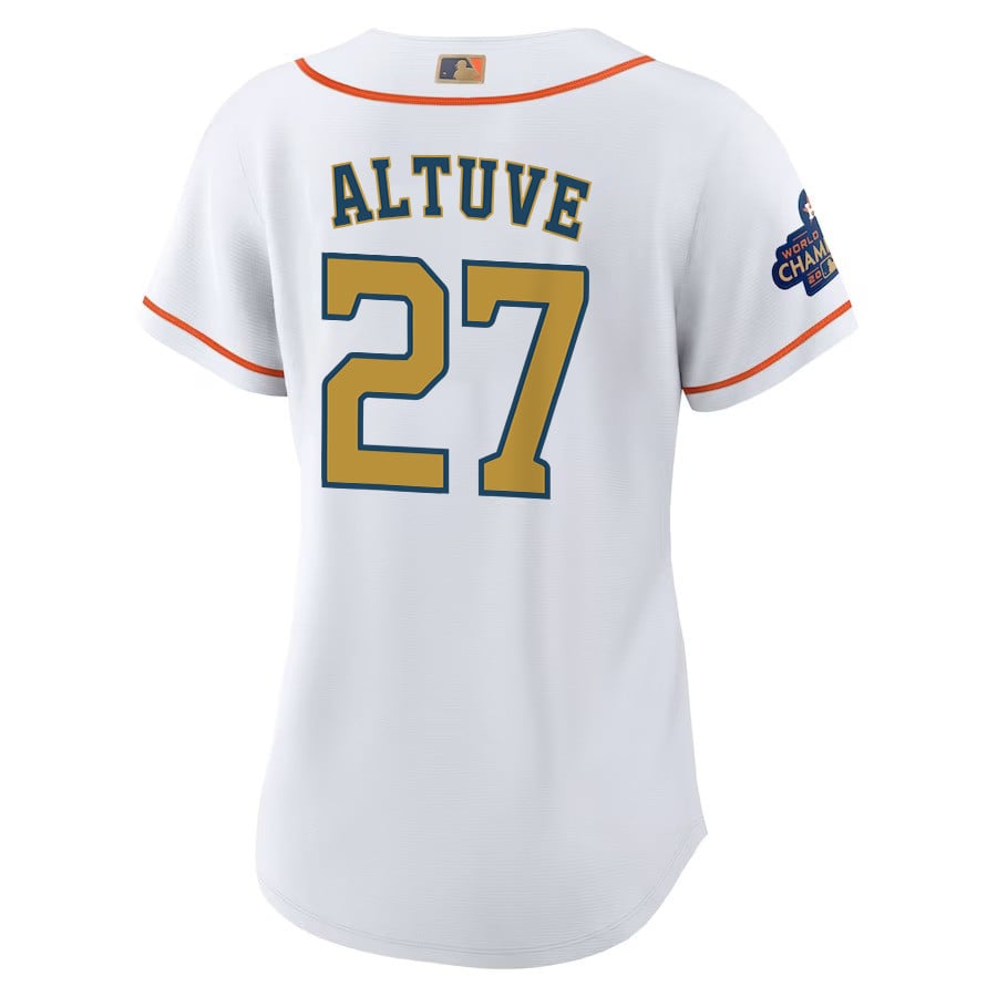 Jose Altuve 27 Houston Astros 2023 Gold Collection Women Jersey - White/Gold