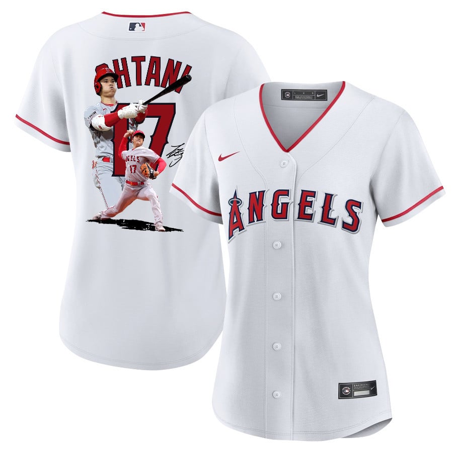 Shohei Ohtani 17 Los Angeles Angels Signed Decisive Blow 2023 Home Women Jersey - White