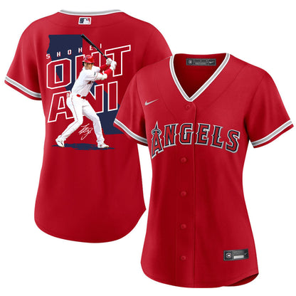 Shohei Ohtani 17 Los Angeles Angels Signed Map 2023 Alternate Player Women Jersey - Red