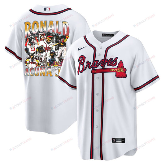 Ronald Acuña Jr. 13 Atlanta Braves Signed Posture 2023 Home Player Men Jersey - White Red