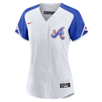 Ronald Acuña Jr. 13 Atlanta Braves Signed Posture 2023 City Connect Player Women Jersey - White Blue