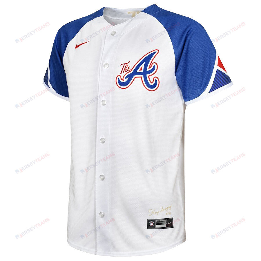 Ronald Acuña Jr. 13 Atlanta Braves Signed Posture 2023 City Connect Player YOUTH Jersey - White Blue