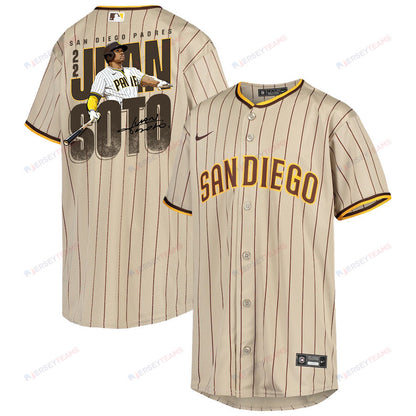 Juan Soto 22 San Diego Padres Signed Posture 2023 Alternate Player YOUTH Jersey - Sand/Brown