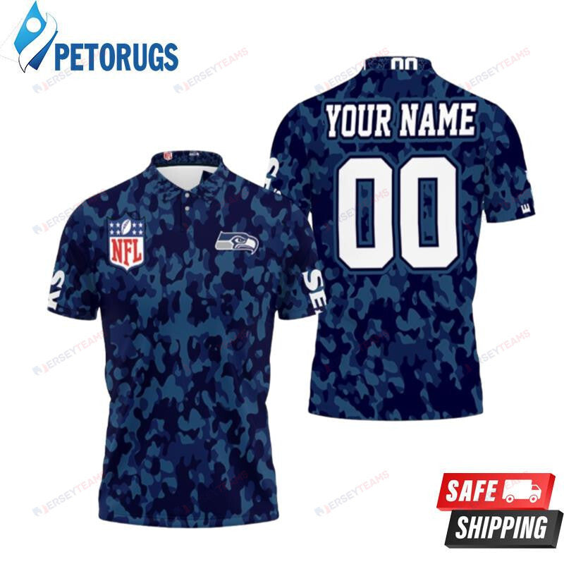 Seattle Seahawks Blue Camouflage Veteran Custom Name & Number Printed Polo Shirt