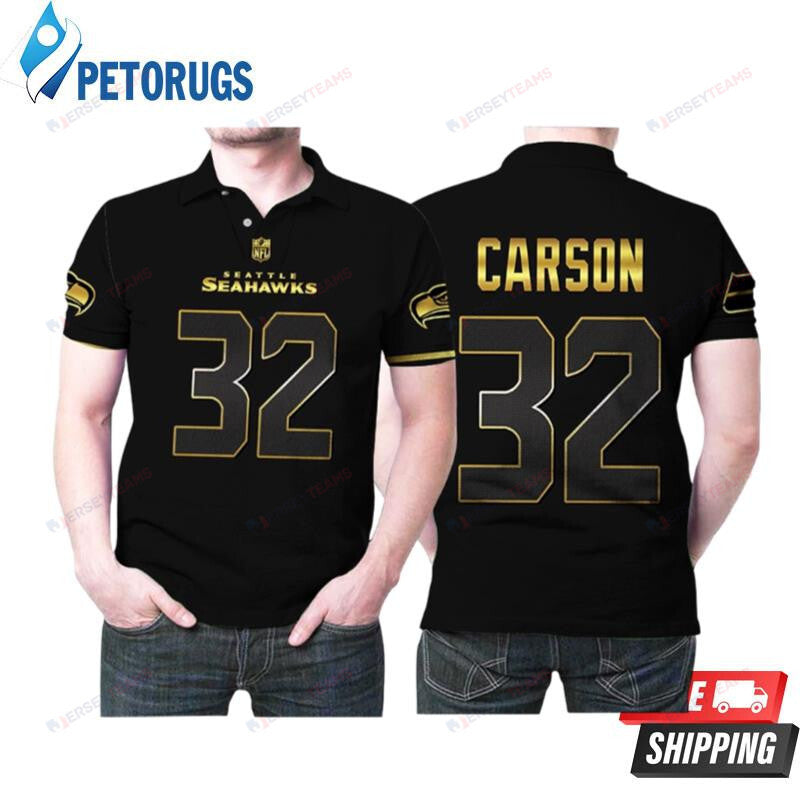 Chris Carson 32 Seattle Seahawks American Football Team Black Golden Printed Polo Shirt