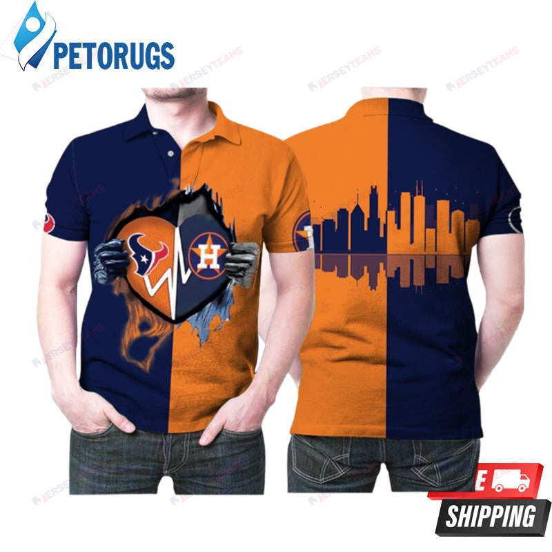 Houston Texans Houston Astros In Heart Ripped American Football Team Logo Printed Polo Shirt