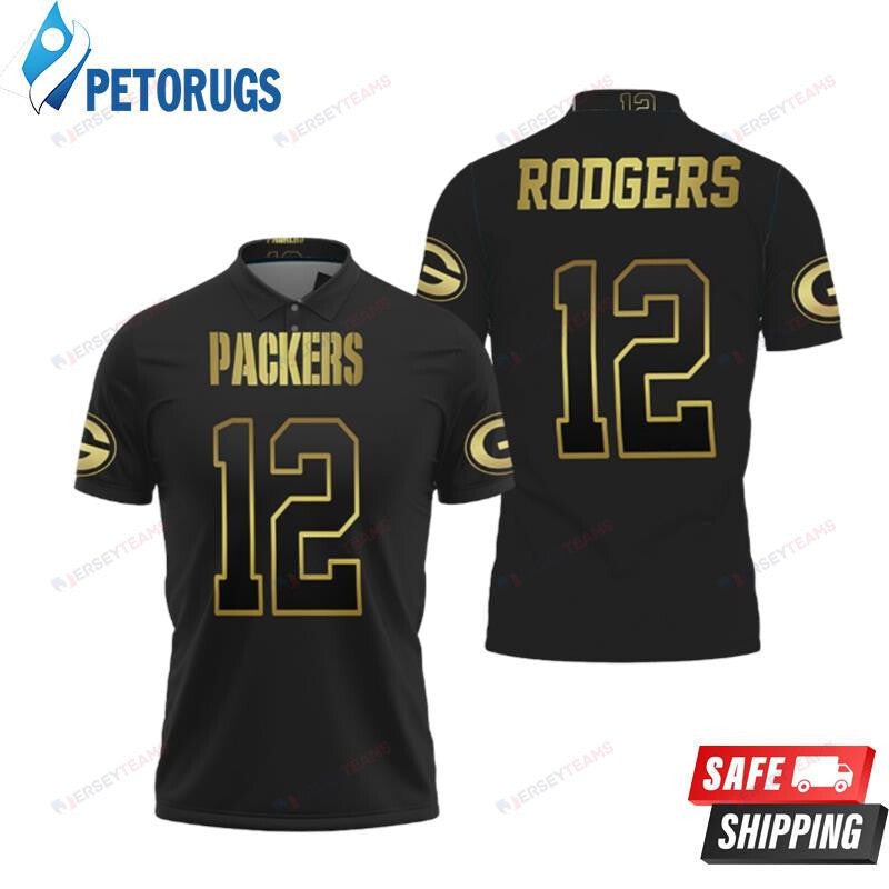 Green Bay Packers 12 Aaron Rodgers Black Golden Edition Inspired Printed Polo Shirt