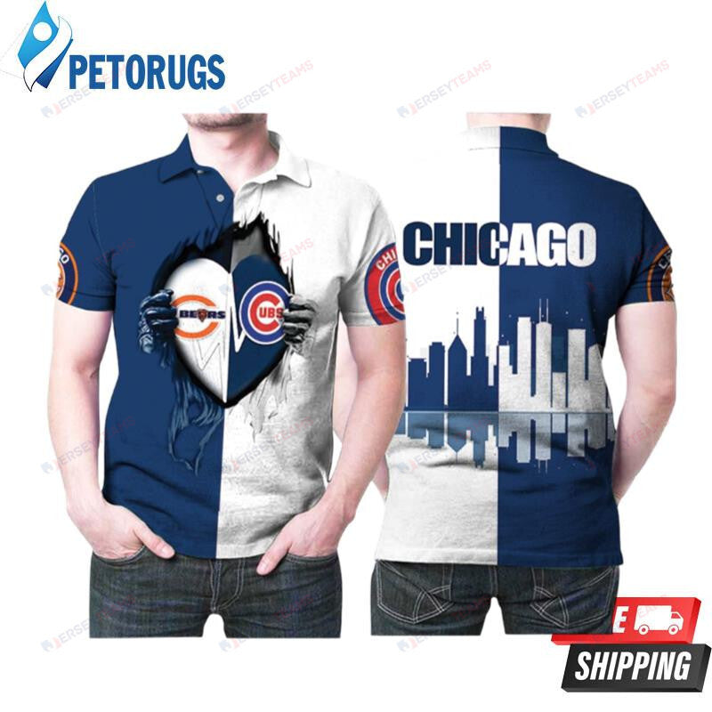 Chicago Bears And Chicago Cubs Heartbeat Love Ripped Team Logo Printed Polo Shirt