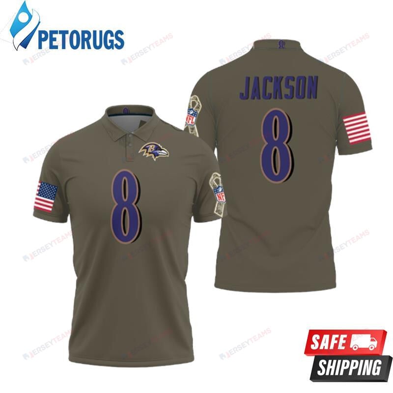 Baltimore Ravens Lamar Jackson #8 Deion Sanders Salute To Service Retired Player Olive Printed Polo Shirt