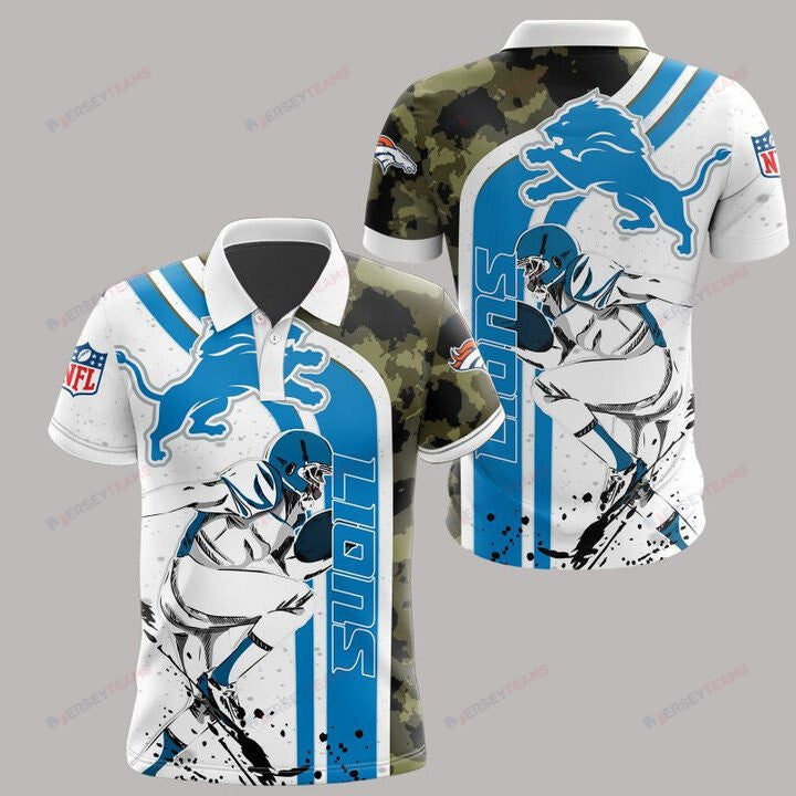 Detroit Lions Printed Polo Shirt - White Blue Camo