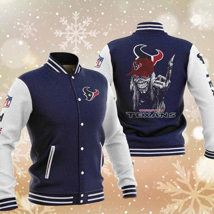 Houston Texans Navy Iron Maiden - AOP Varsity Jacket - All-Over-Printed Jacket