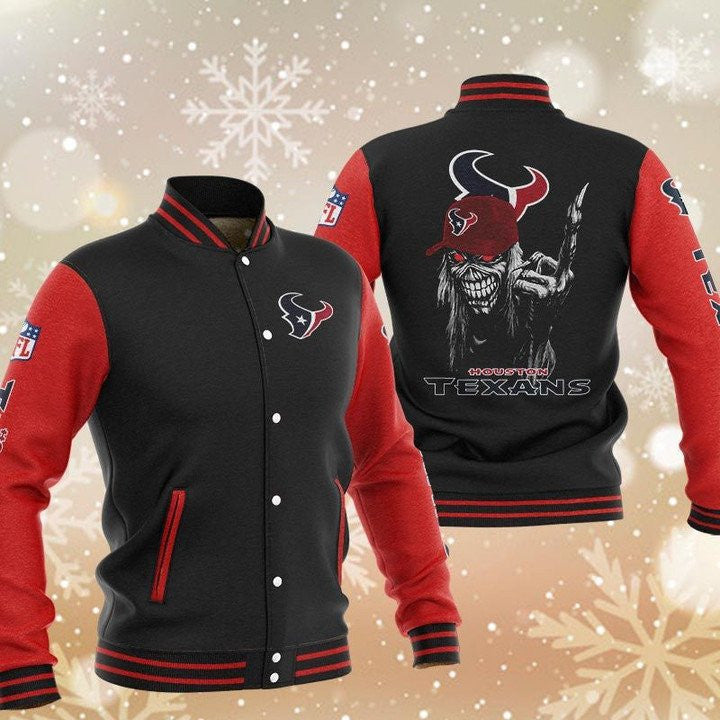 Houston Texans Black Red Iron Maiden - AOP Varsity Jacket - All-Over-Printed Jacket