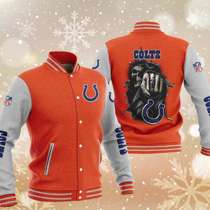 Indianapolis Colts Orange Skull - AOP Varsity Jacket - All-Over-Printed Jacket