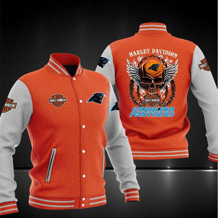 Carolina Panthers Orange Skull - AOP Varsity Jacket - All-Over-Printed Jacket