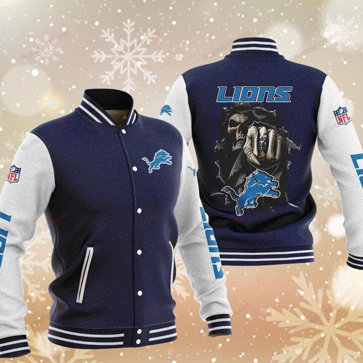 Detroit Lions Navy Skull - AOP Varsity Jacket - All-Over-Printed Jacket