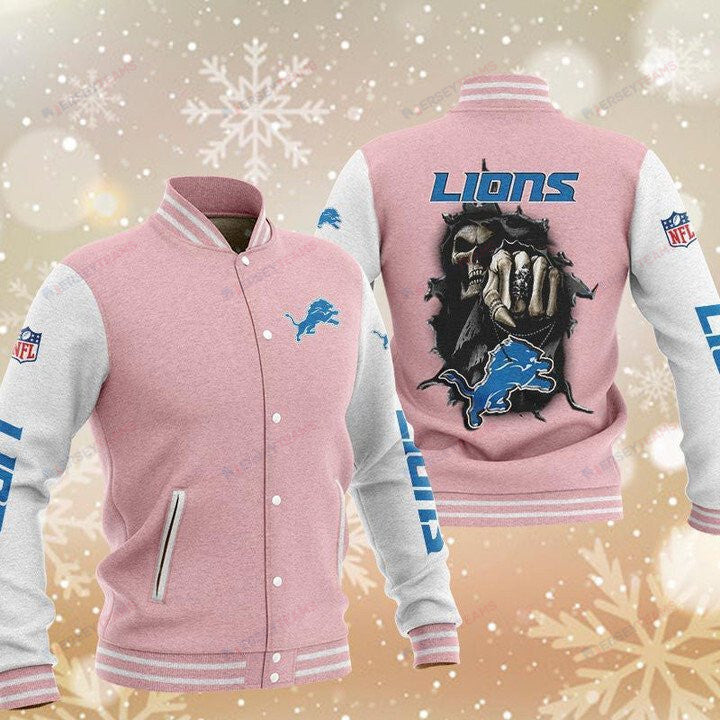Detroit Lions Pink Skull - AOP Varsity Jacket - All-Over-Printed Jacket