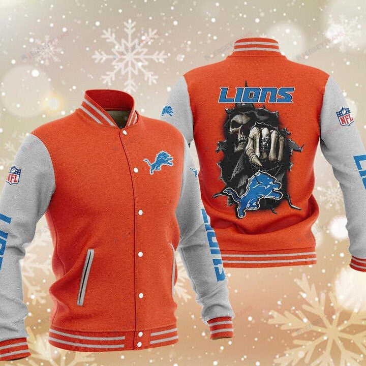 Detroit Lions Orange Skull - AOP Varsity Jacket - All-Over-Printed Jacket