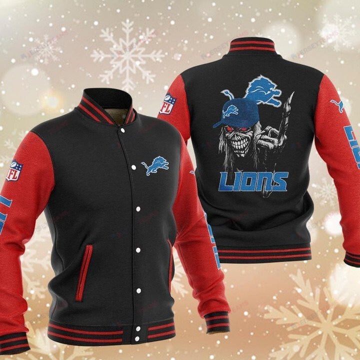 Detroit Lions Black Red Iron Maiden - AOP Varsity Jacket - All-Over-Printed Jacket