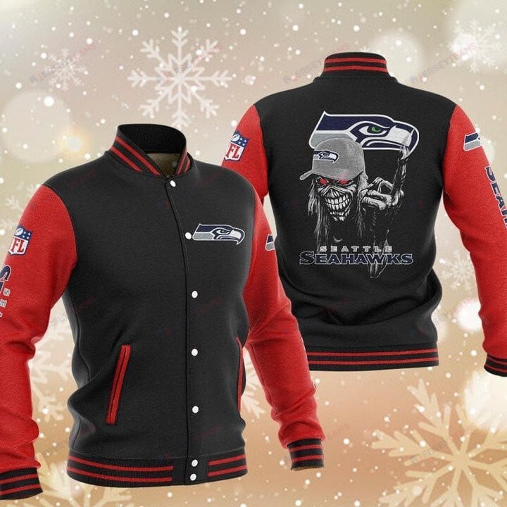 Seattle Seahawks Black Red Iron Maiden - AOP Varsity Jacket - All-Over-Printed Jacket