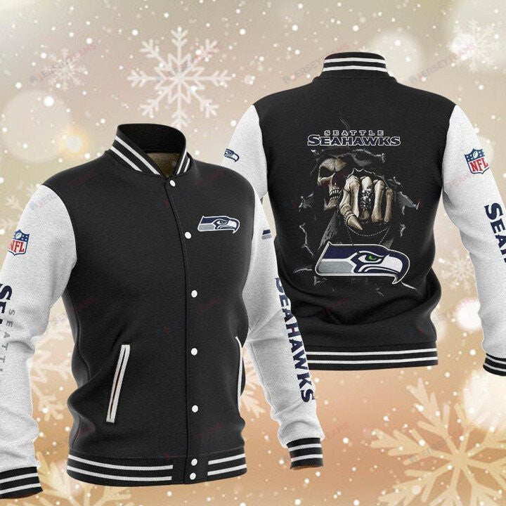 Seattle Seahawks Black Skull - AOP Varsity Jacket - All-Over-Printed Jacket