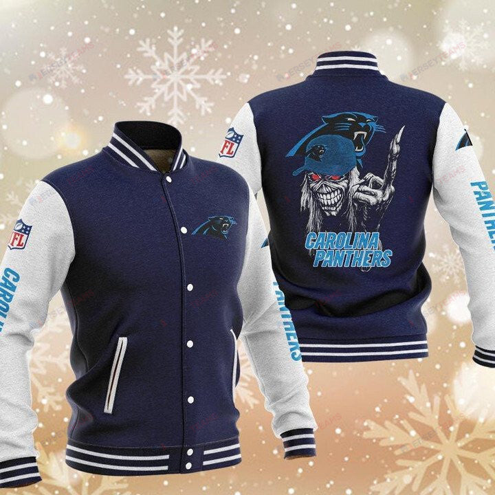 Carolina Panthers Navy Iron Maiden - AOP Varsity Jacket - All-Over-Printed Jacket
