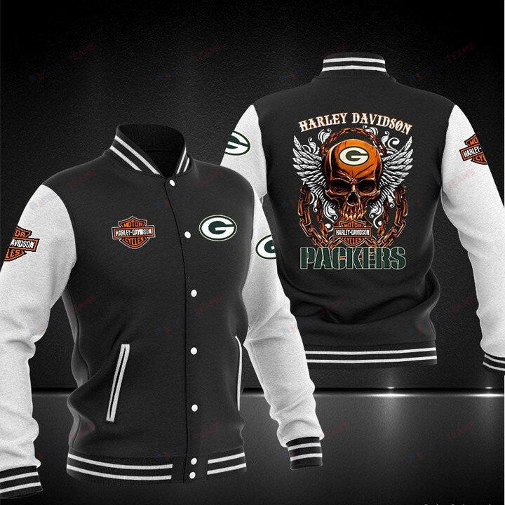 Green Bay Packers Black Harley Davidson - AOP Varsity Jacket - All-Over-Printed Jacket