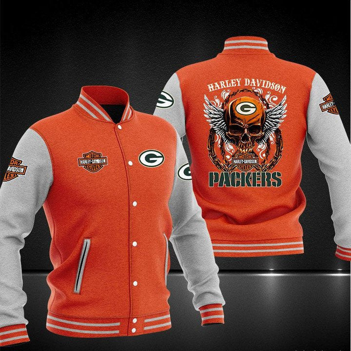 Green Bay Packers Orange Grey Harley Davidson - AOP Varsity Jacket - All-Over-Printed Jacket