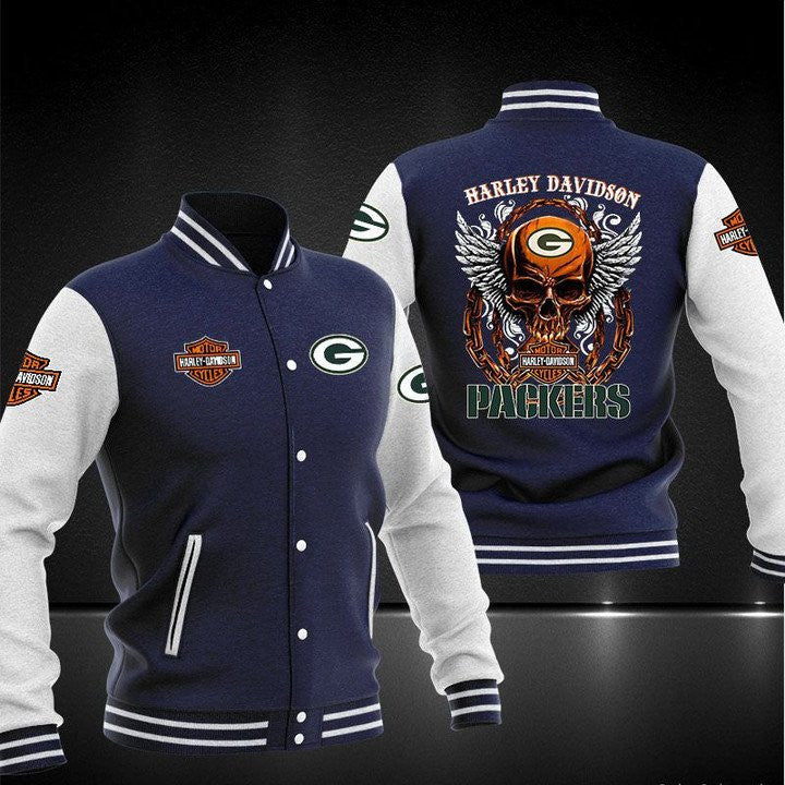 Green Bay Packers Dark Blue Harley Davidson - AOP Varsity Jacket - All-Over-Printed Jacket