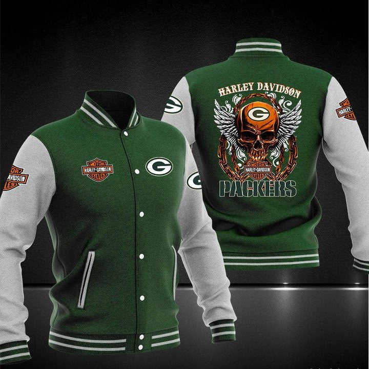 Green Bay Packers Green Harley Davidson - AOP Varsity Jacket - All-Over-Printed Jacket