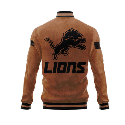 Detroit Lions 2023 Salute To Service Club Baseball Jacket Varsity Jacket - Brown - All-Over-Printed Jacket