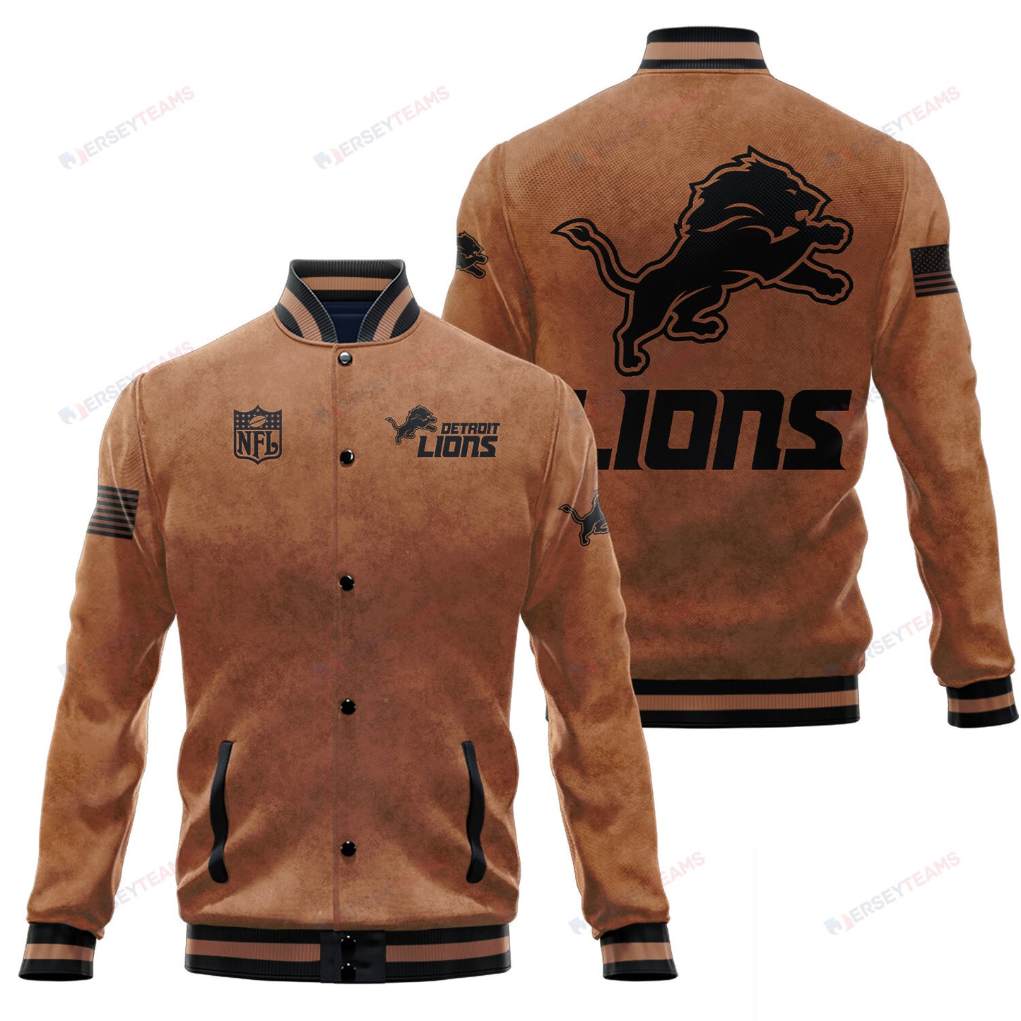 Detroit Lions 2023 Salute To Service Club Baseball Jacket Varsity Jacket - Brown - All-Over-Printed Jacket