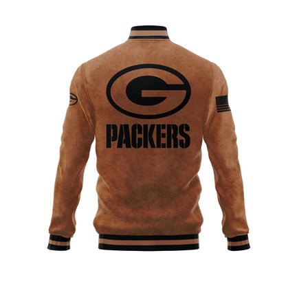 Green Bay Packers 2023 Salute To Service Club Baseball Jacket Varsity Jacket - Brown - All-Over-Printed Jacket