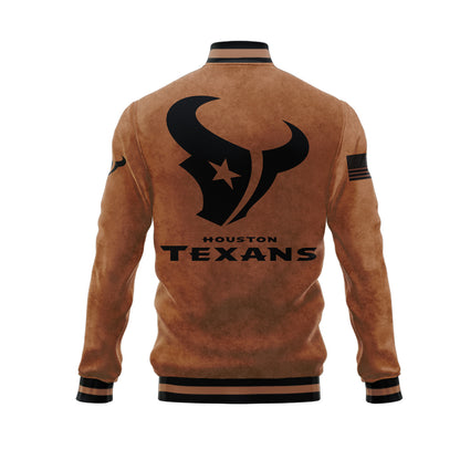 Houston Texans 2023 Salute To Service Club Baseball Jacket Varsity Jacket - Brown - All-Over-Printed Jacket