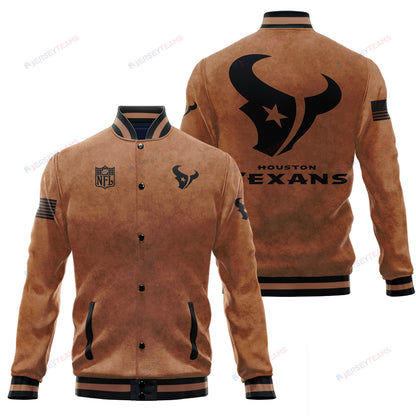 Houston Texans 2023 Salute To Service Club Baseball Jacket Varsity Jacket - Brown - All-Over-Printed Jacket