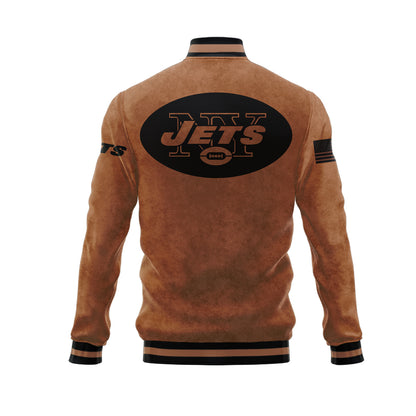 New York Jets 2023 Salute To Service Club Baseball Jacket Varsity Jacket - Brown - All-Over-Printed Jacket