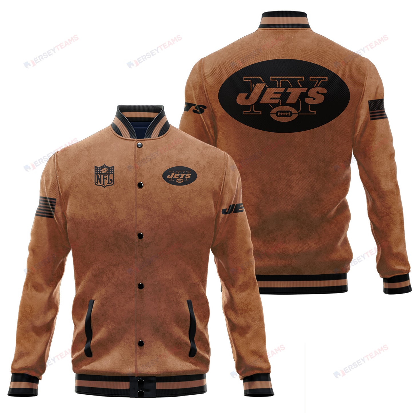 New York Jets 2023 Salute To Service Club Baseball Jacket Varsity Jacket - Brown - All-Over-Printed Jacket