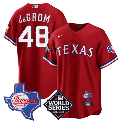 Jacob DeGrom 48 Texas Rangers 2023 World Series & Texas State Patch Men Jersey - Red