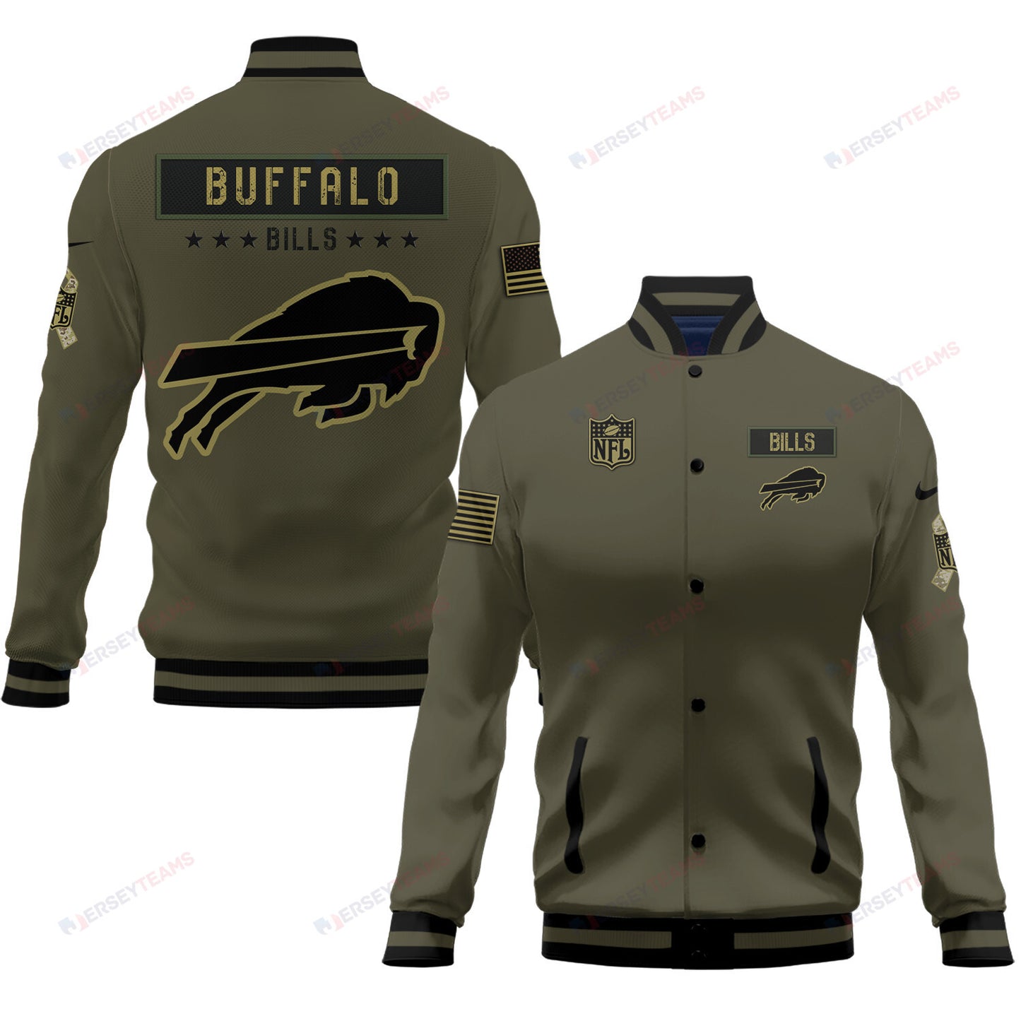 Buffalo Bills 2023 Salute To Service Club Baseball Jacket Varsity Jacket - Green - All-Over-Printed Jacket