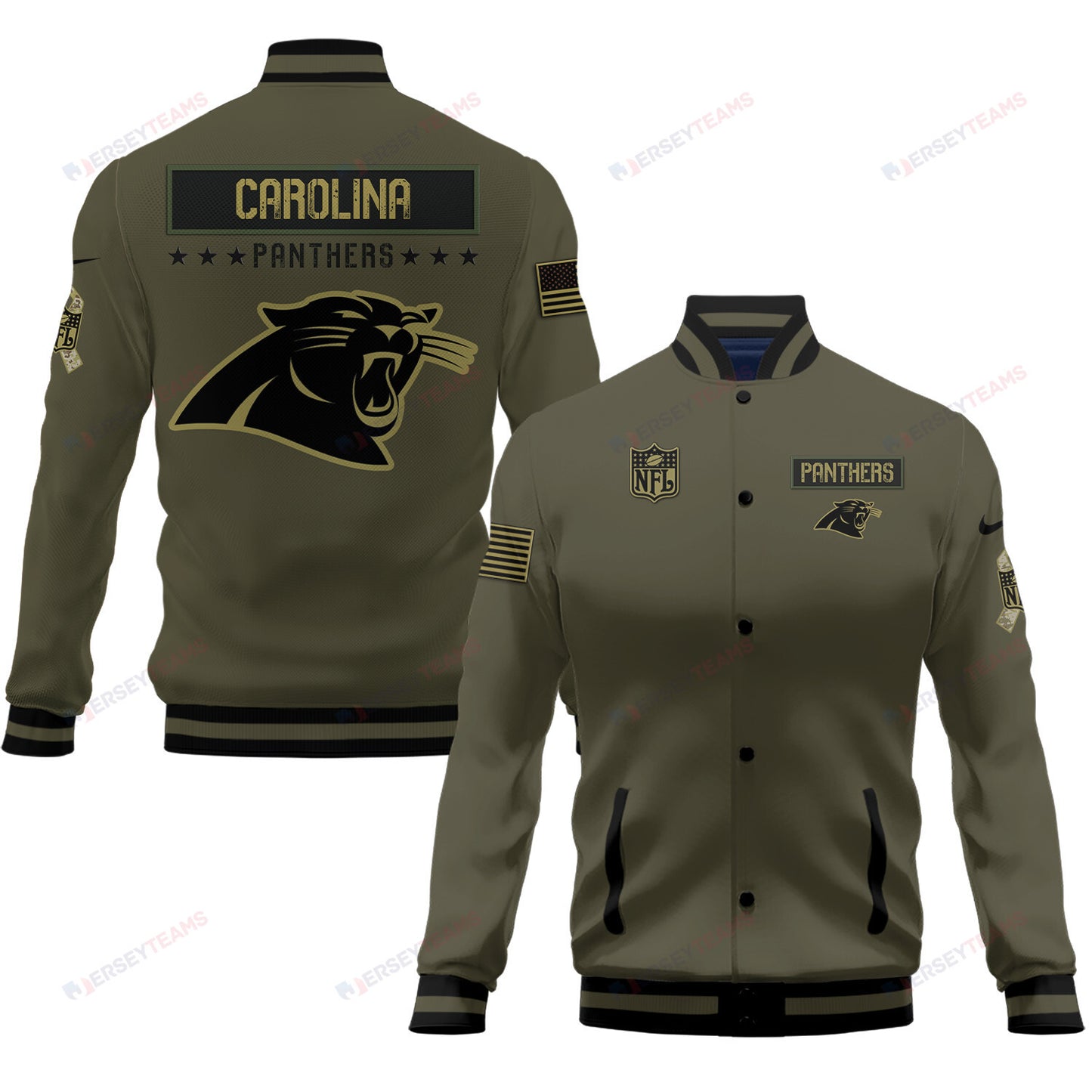 Carolina Panthers 2023 Salute To Service Club Baseball Jacket Varsity Jacket - Green - All-Over-Printed Jacket