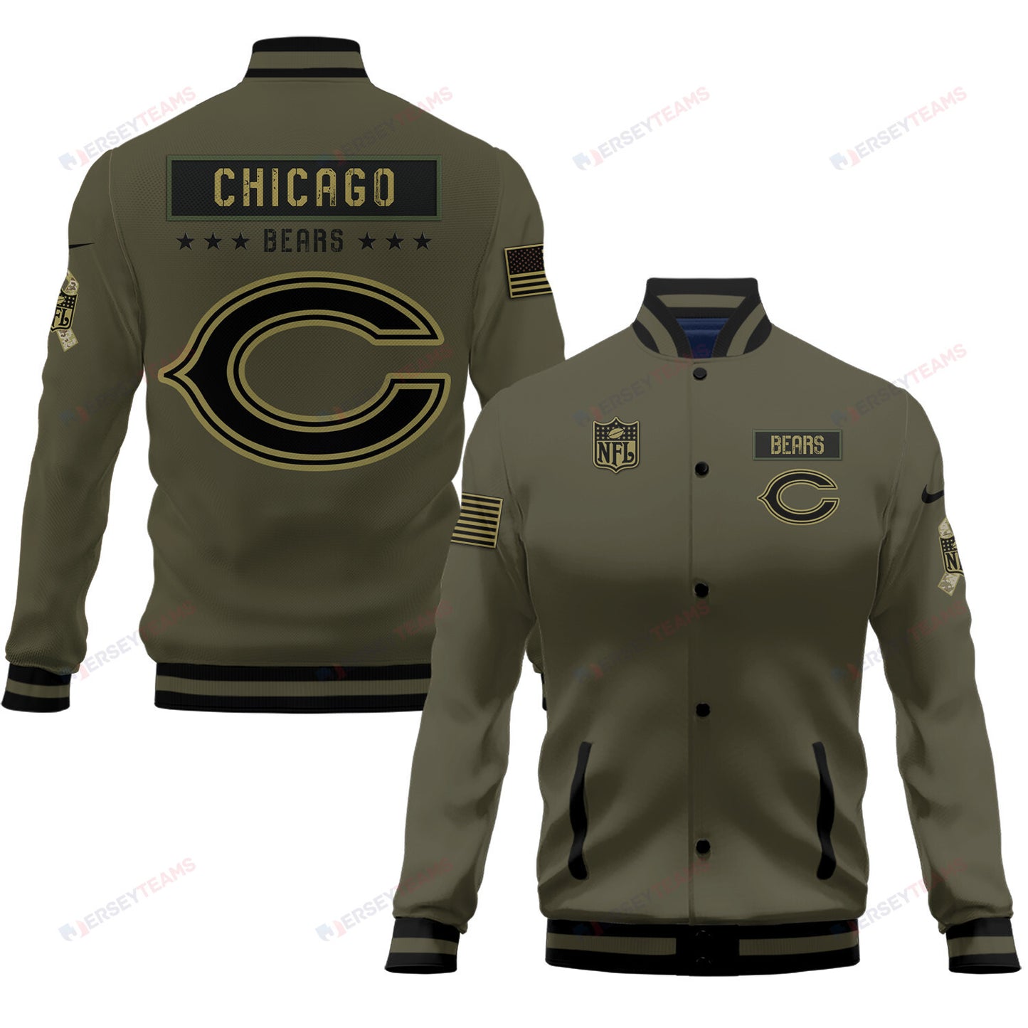 Chicago Bears 2023 Salute To Service Club Baseball Jacket Varsity Jacket - Green - All-Over-Printed Jacket