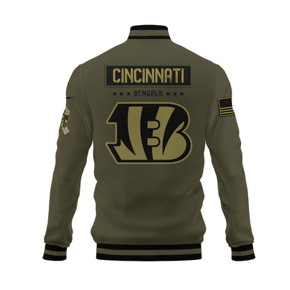 Cincinnati Bengals 2023 Salute To Service Club Baseball Jacket Varsity Jacket - Green - All-Over-Printed Jacket