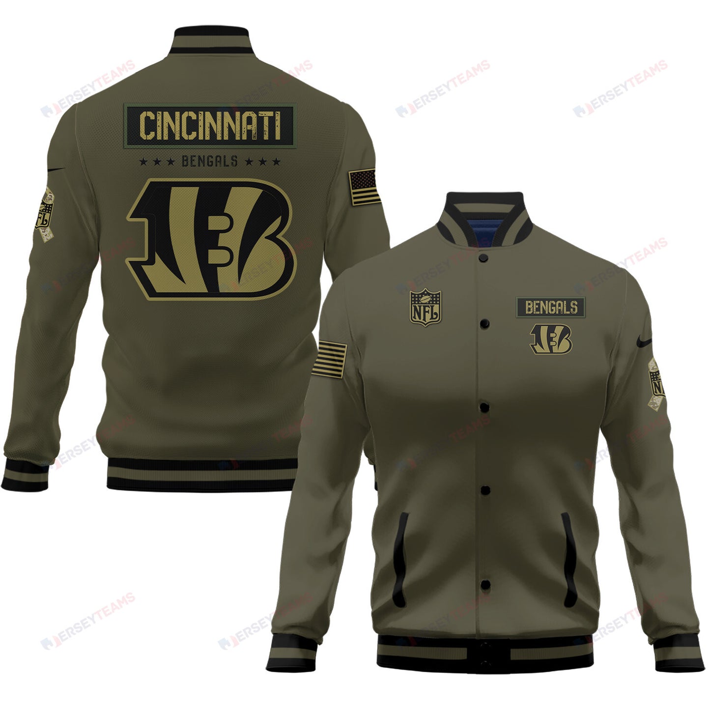 Cincinnati Bengals 2023 Salute To Service Club Baseball Jacket Varsity Jacket - Green - All-Over-Printed Jacket