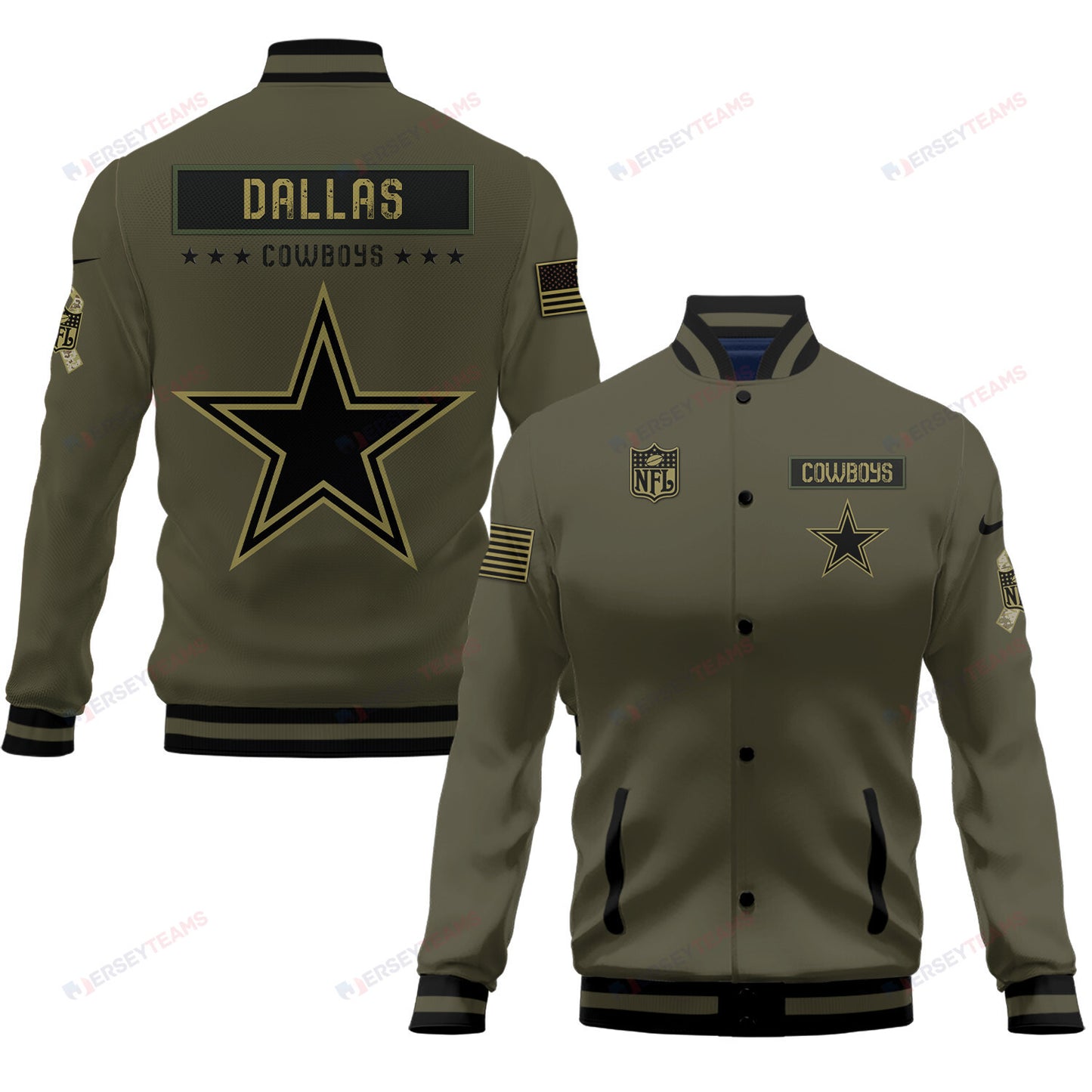 Dallas Cowboys 2023 Salute To Service Club Baseball Jacket Varsity Jacket - Green - All-Over-Printed Jacket