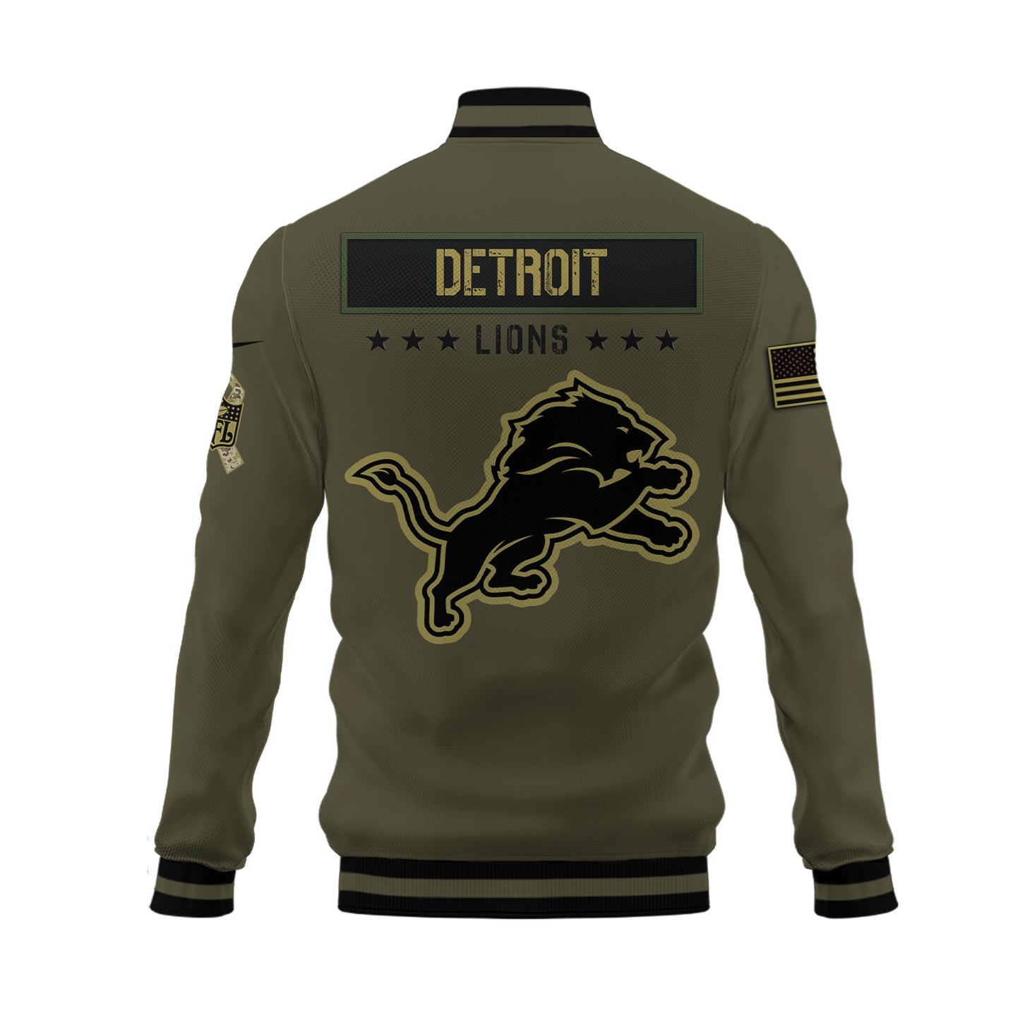 Detroit Lions 2023 Salute To Service Club Baseball Jacket Varsity Jacket - Green - All-Over-Printed Jacket