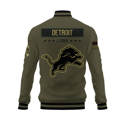 Detroit Lions 2023 Salute To Service Club Baseball Jacket Varsity Jacket - Green - All-Over-Printed Jacket