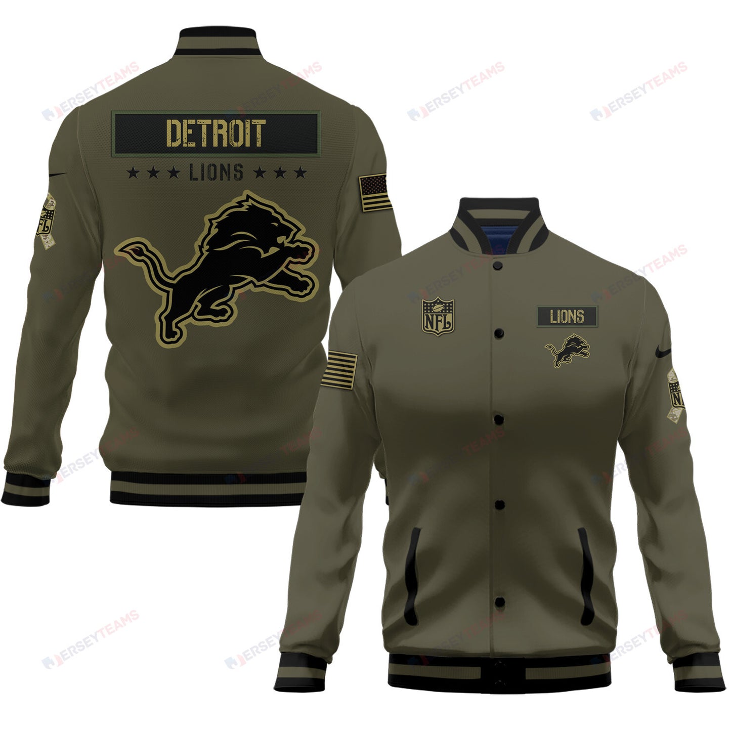Detroit Lions 2023 Salute To Service Club Baseball Jacket Varsity Jacket - Green - All-Over-Printed Jacket